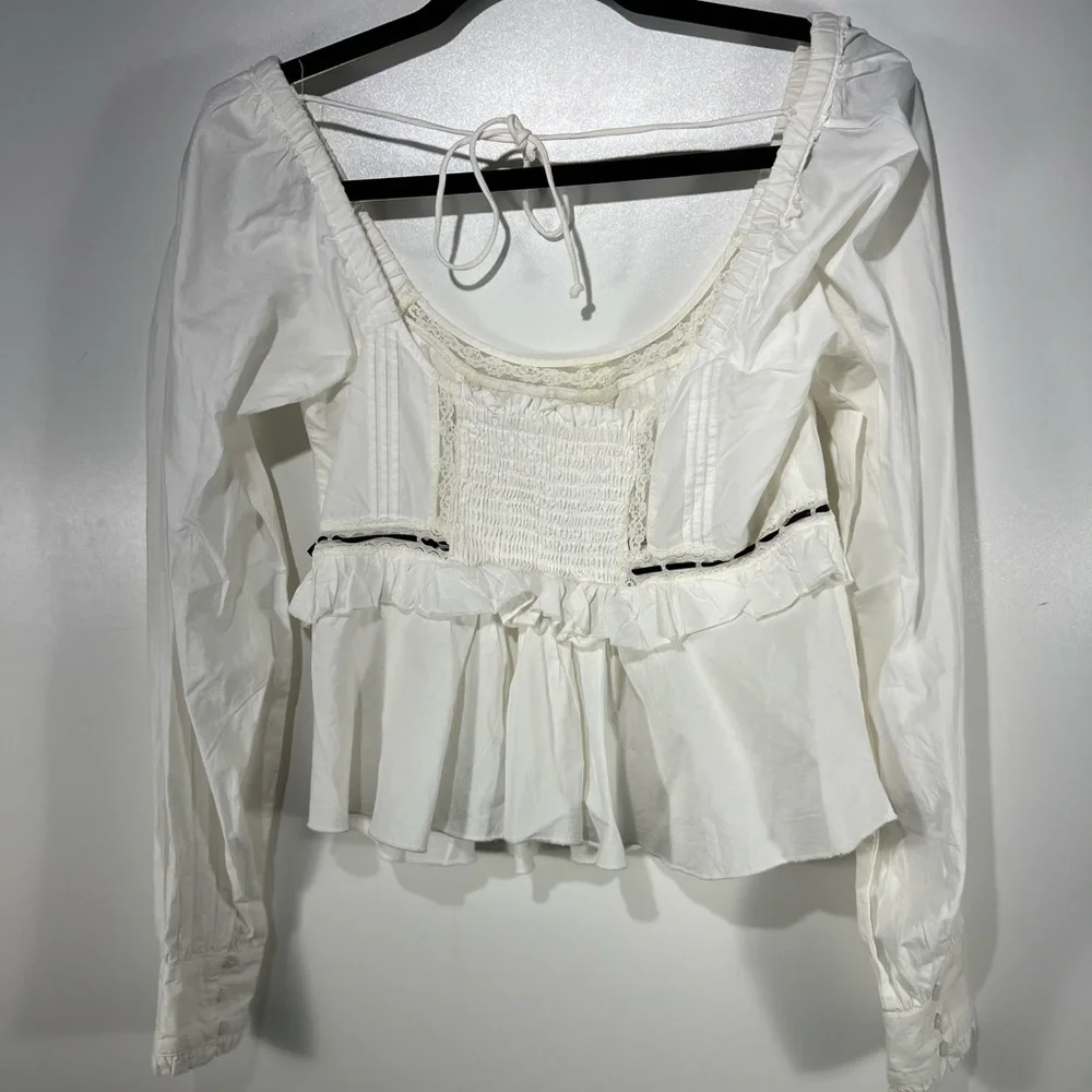 Free People Cathleen White Black Ruffle Long Sleeve Top Sz X-Small